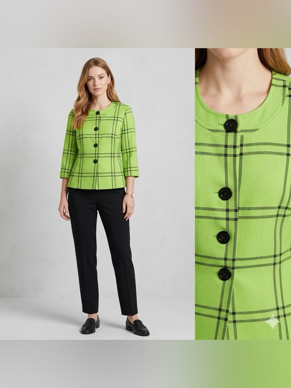 Kim Rogers Signature Plaid Blazer Lime Green Black Button Front Career Modern M